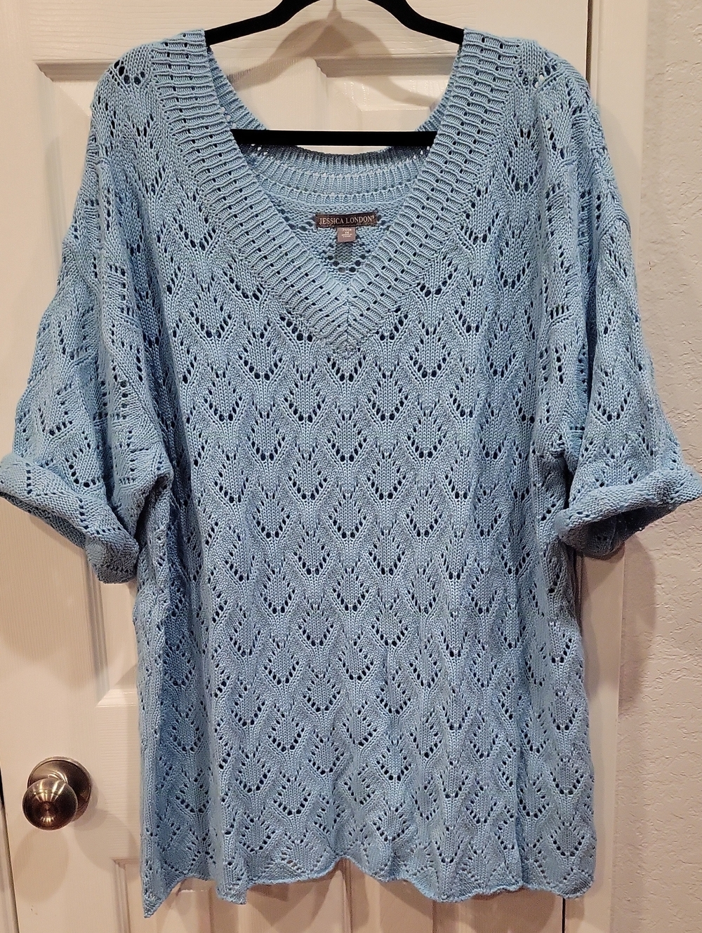 Jessica London Powder Blue Open-Knit V-Neck Sweater